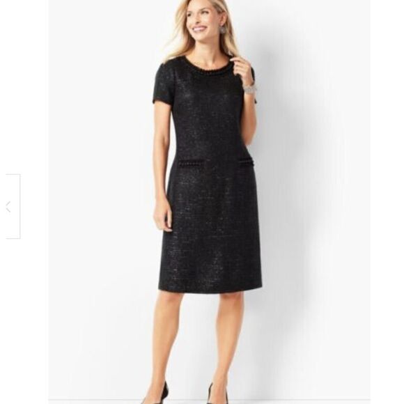 Talbots Black Tweed Pearl Sheath Dress Size 12 Shimmer Beaded Modest Classy - Picture 1 of 15